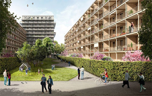 Visualisierung sechgeschossiges Mehrfamilienhaus aus Holz im Freilager Zürich-Albisrieden