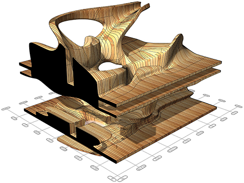 Grafik der Holzskulptur mit sichtbaren Scheiben