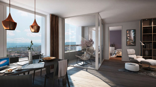 Visualisierung stilvoll eingerichtete Wohnung mit Esstisch, Loggia, Wohnzimmer