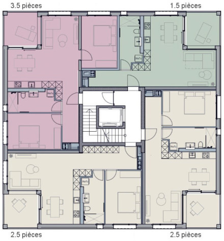 Plan avec des appartements modulaires de 1.5, 2.5 et 3.5 pièces